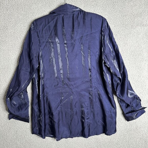 Cato Plus Blue Shimmer Blouse NWT Long Sleeve Button Up Shoulder Pads Retro Glam - Picture 2 of 9